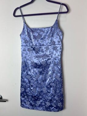 VTG Y2K Periwinkle Floral Jacquard Mini Dress Lavender Blue Slip Spaghetti Strap